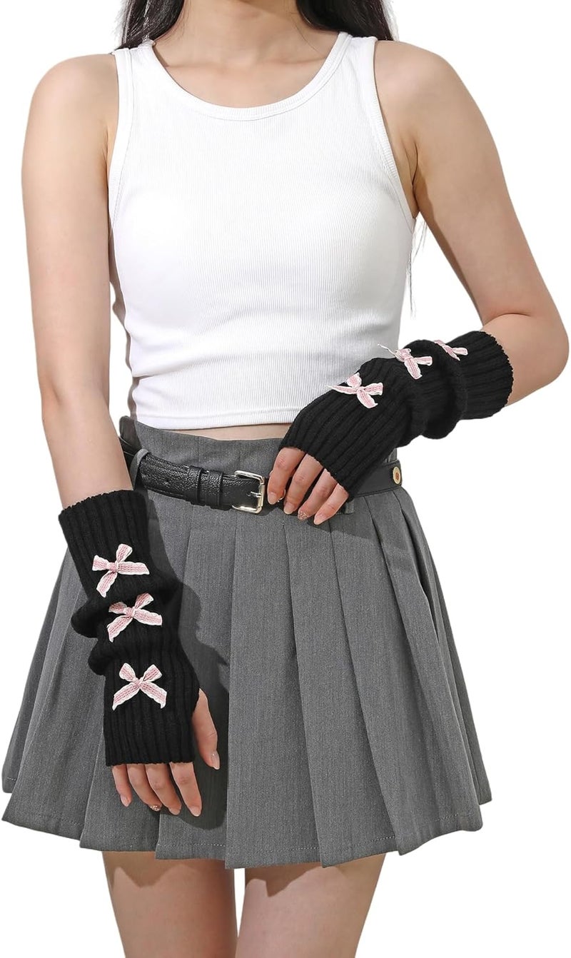Lauthen.S Y2K Arm Warmers Cute Long Sleeve Fingerless Gloves Knitted Harajuke Style Arm Sleeves Kawaii with Bownot - Image 3